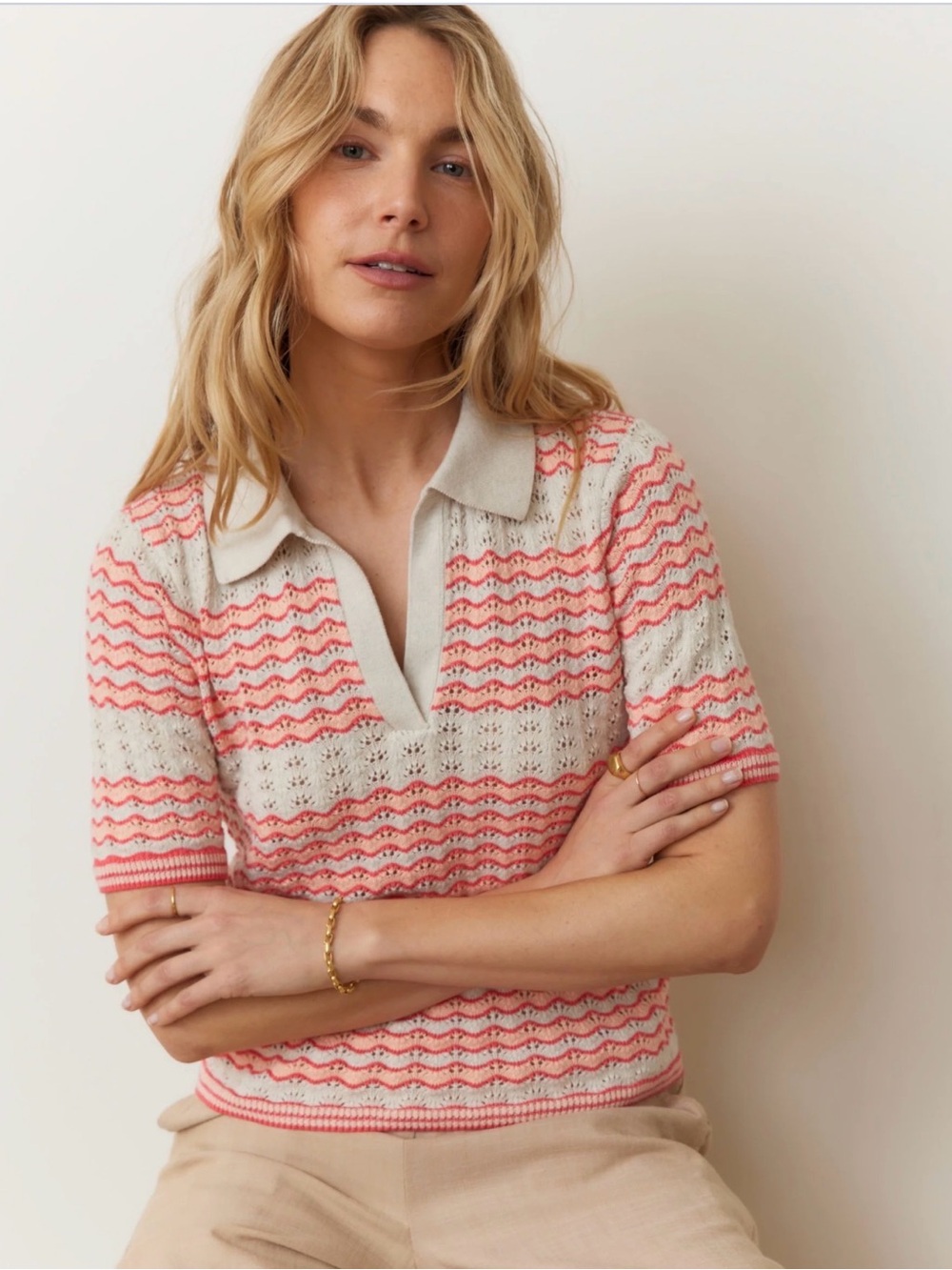 Marine Layer: Pink Groove Short-Sleeve V-Neck Knit Sweater